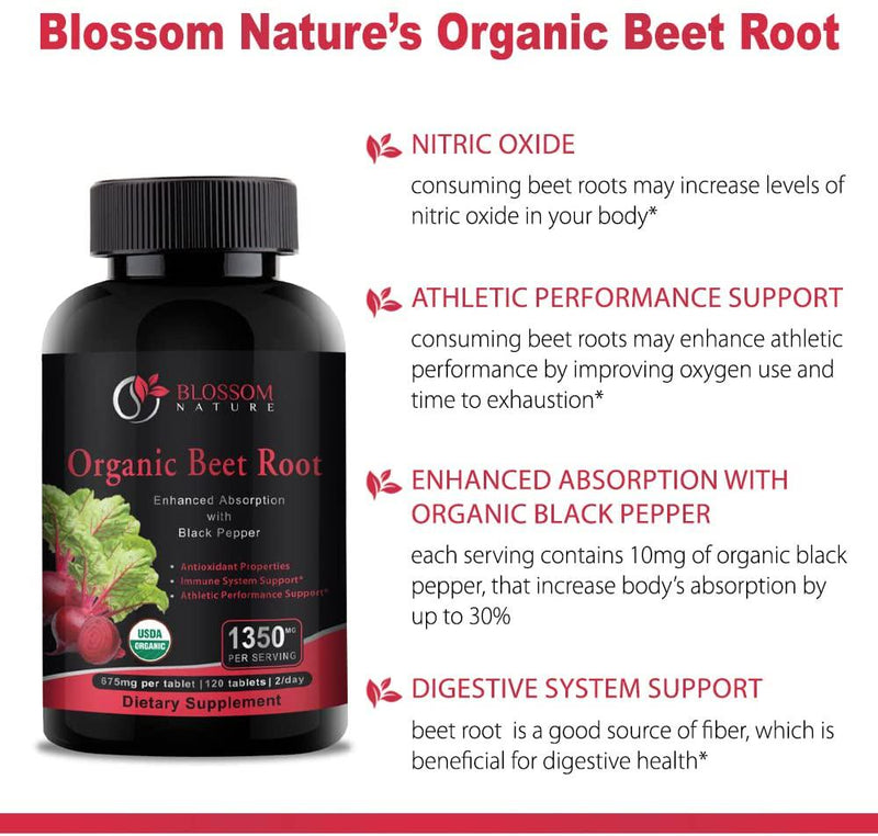 Organic Beet Root Supplement 1350mg with Black Pepper-Nitric Oxide Booster,Supports Healthy Blood Pressure,Athletic Performance,Digestive&Immune Systems-120 Tablets,650mg of Beetroot Powder per Tablet