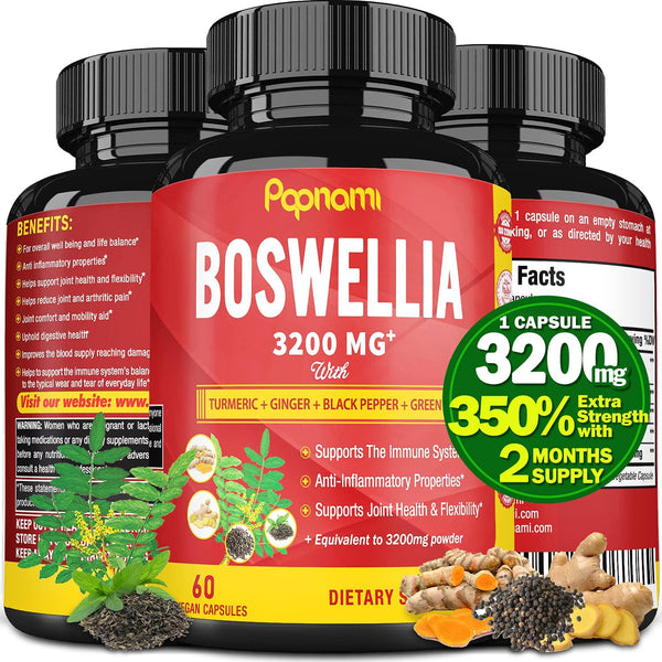 Organic Boswellia Serrata Extract Capsules 3200MG with Turmeric, Ginger, Black Pepper, Green Tea | Joint Back, Knee Pain Relief Supplement, Muscle Relaxer | Anti Inflamation, Bone Health Support