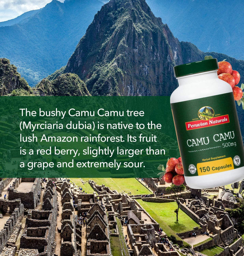 Organic Camu Camu 500mg - 150 Capsules - Peruvian Naturals | Certified-Organic, Powerful Vitamin C Supplement