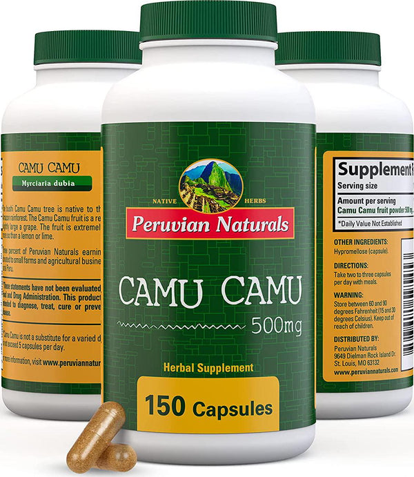 Organic Camu Camu 500mg - 150 Capsules - Peruvian Naturals | Certified-Organic, Powerful Vitamin C Supplement