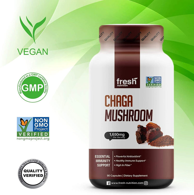 Organic Chaga Mushrooms Strongest DNA Verified 1650mg Per Serving Immunity Support and Energy Booster, Superfood, Antioxidant, Digestion, High in Fiber Non GMO, Gluten and Soy Free, Vegan Friendly