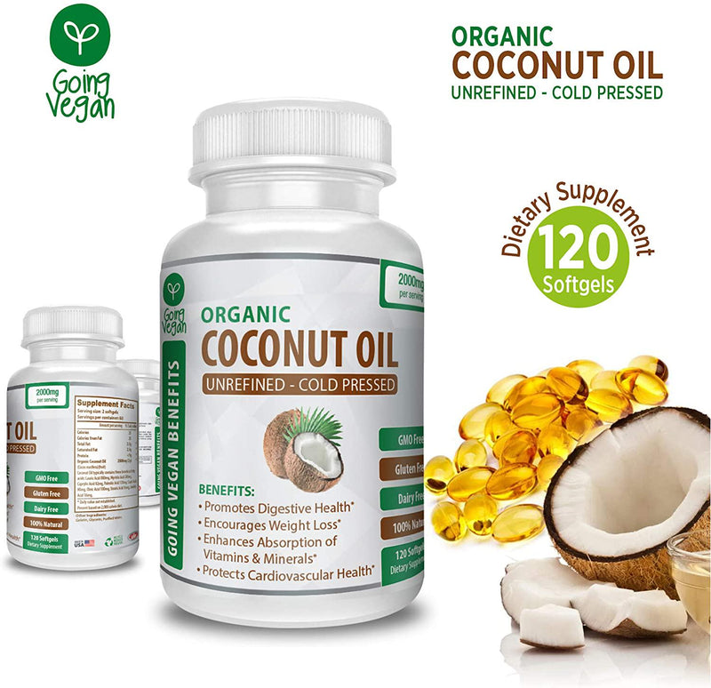 Organic Coconut Oil Capsules 2000 mg - Cold Pressed and Non-GMO, Coconut Oil Pills for Weight Management, Extra Hair Growth and Healthy Skin - 120 Softgels - Source Unrefined Pure Coconut Oil