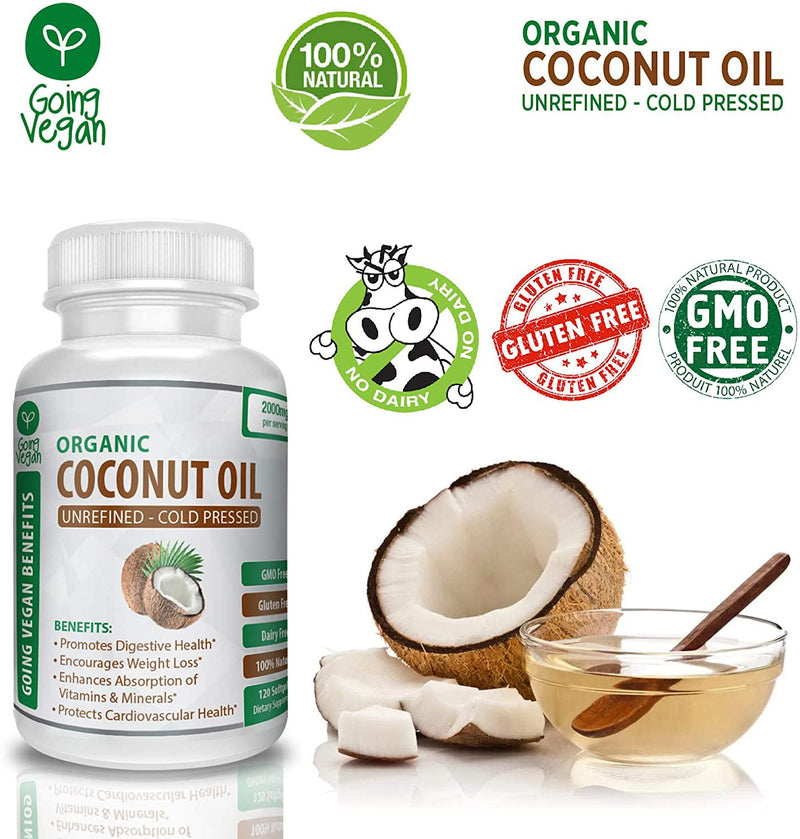 Organic Coconut Oil Capsules 2000 mg - Cold Pressed and Non-GMO, Coconut Oil Pills for Weight Management, Extra Hair Growth and Healthy Skin - 120 Softgels - Source Unrefined Pure Coconut Oil