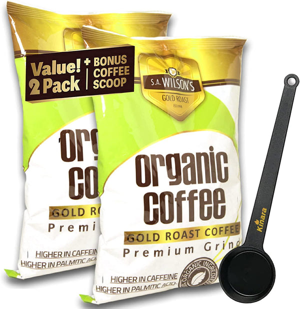 Organic Coffee Enema Coffee Gold Coffee Enema Organic High Caffeine Coffee (44 Higher Caffeine) by S.A. Wilson Enema Coffee 2-Pack with Kinara Coffee Scoop, 3 Piece Set