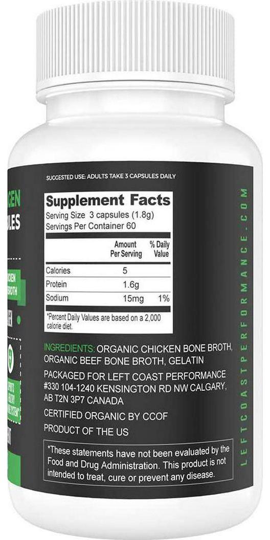 Organic Collagen Pills Supplement - 180 Count Organic Collagen Caps - Organic, Grass Fed Bovine and Organic Chicken Bone Broth. Collagen 1 2 3 Capsules, Left Coast Performance