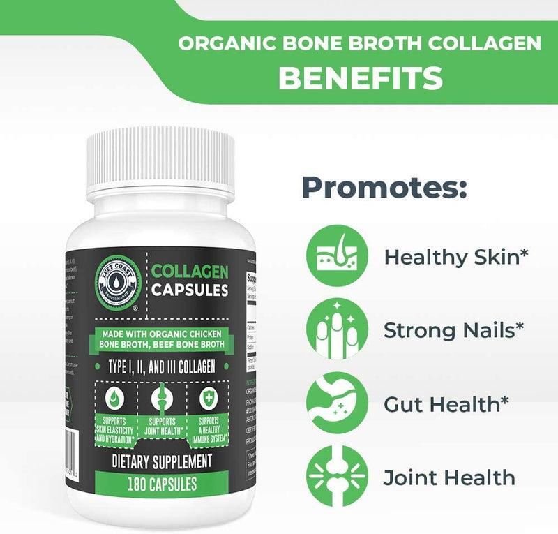Organic Collagen Pills Supplement - 180 Count Organic Collagen Caps - Organic, Grass Fed Bovine and Organic Chicken Bone Broth. Collagen 1 2 3 Capsules, Left Coast Performance
