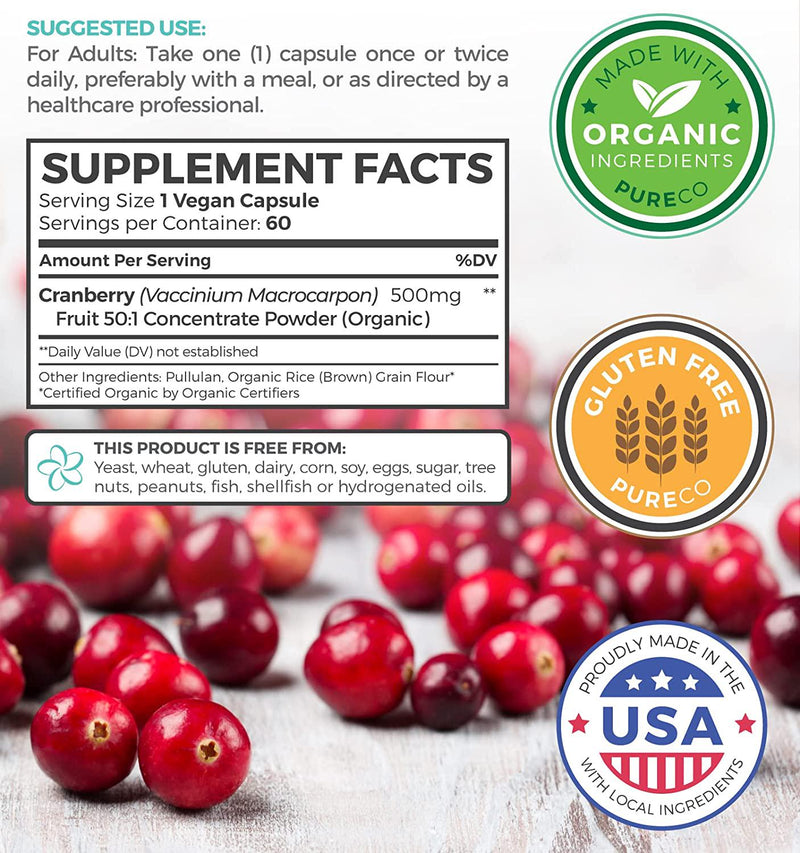 Organic Cranberry Pills - 50:1 Concentrate Equals 25,000mg of Fresh Cranberries (Vegan) for Kidney Cleanse and Urinary Tract Health - UTI Vitamins Support - Fruit Extract Supplement - 60 Capsules