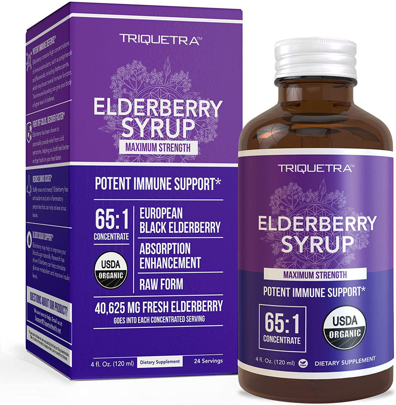 Organic Elderberry Syrup - Max Strength, 65x Concentrate, 40,625 mg Organic Elderberry in Each Serving - Sambucus European Black Elderberry - Prebiotic Absorption Enhancement (4 oz.)