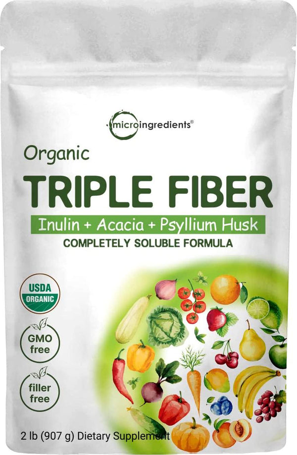 Organic Fiber Supplement (Inulin, Acacia, Psyllium Husk), 2 Pounds, 3 in 1 Fiber Formula, Daily Fiber, Unflavored, Soluble Fiber Prebiotics Supplement for Digestive Health, Hunger Control, Vegan