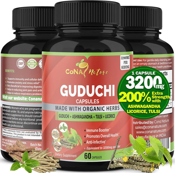 Organic Giloy Guduchi Capsules 3200mg and Ashwagandha, Licorice, Holy Basil Tulsi | Immune System Booster, Healthy Liver Detox Cleanse Support Supplement |Anxiety Stress Relief Extract, 2 Months Supply