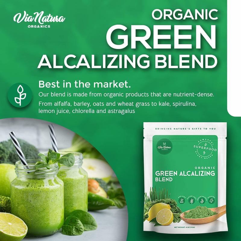 Organic Green Alcalizing Blend Powder, 4oz. | Superfood | Non-GMO | Gluten-Free | Plant-Based | Green Balance | Alkaline - by Via Natura Organics