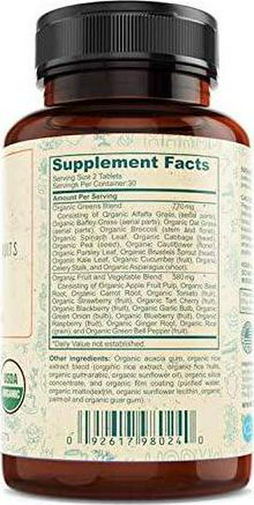 Organic Greens and Fruits Superfood - Multivitamins, Non-GMO, Gluten Free, Vegan Friendly, 60 Tablets, USDA Organic Certified, HERBS OF THE EARTH