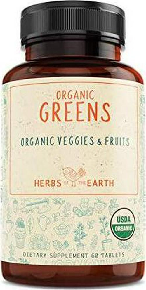 Organic Greens and Fruits Superfood - Multivitamins, Non-GMO, Gluten Free, Vegan Friendly, 60 Tablets, USDA Organic Certified, HERBS OF THE EARTH