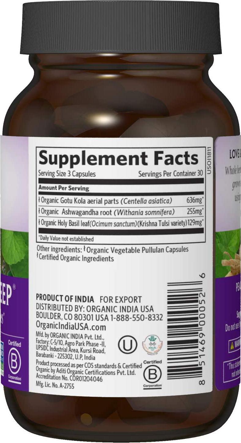 Organic India Peaceful Sleep Herbal Supplement - Supports Sleep Cycles, Vegan, Gluten-Free, USDA Certified Organic, Non-GMO, Supports Energy and Relaxation - 90 Capsules