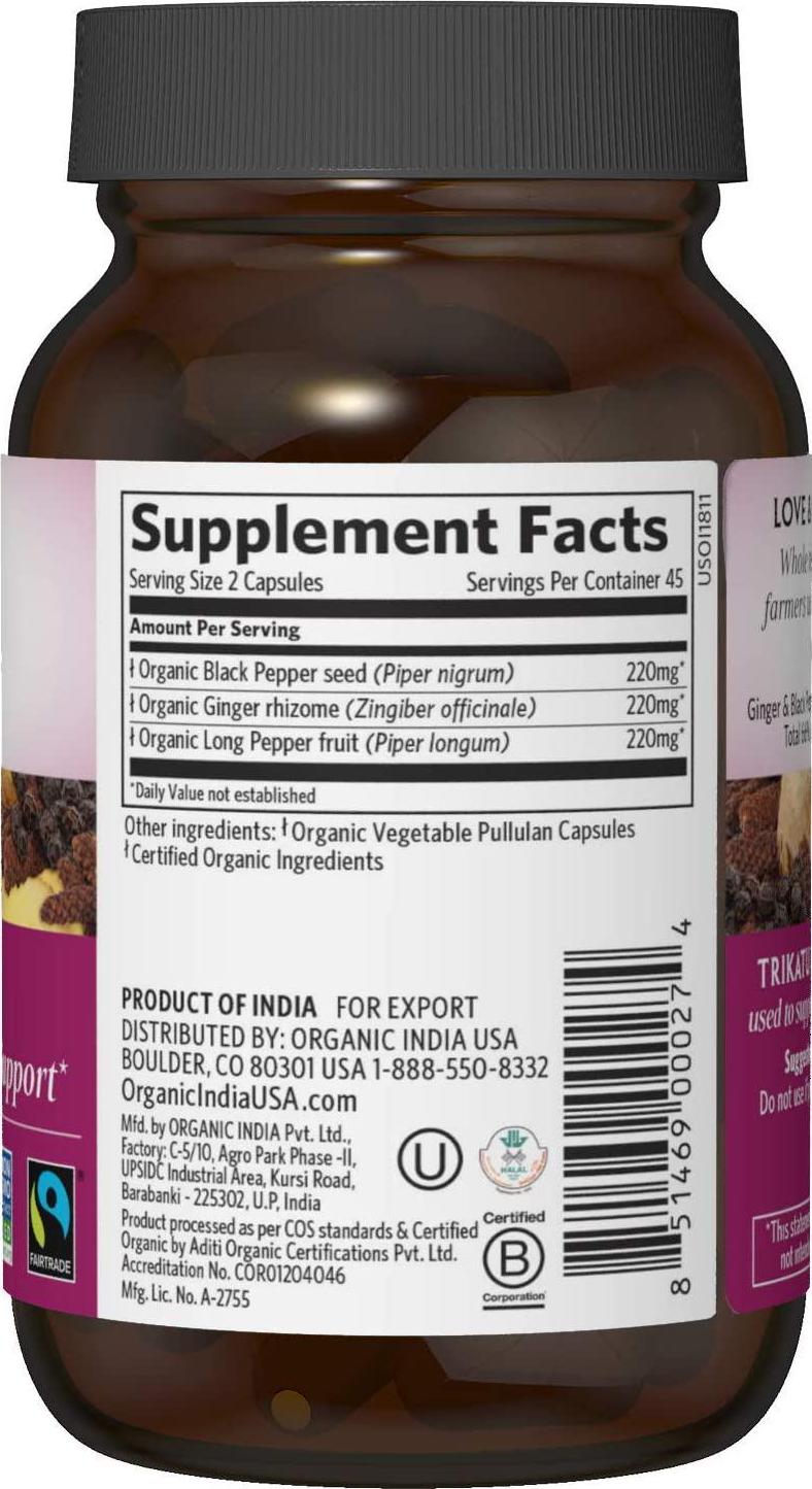 Organic India Trikatu Herbal Supplement - Supports Digestion, Metabolism and Nutrient Absorption, Vegan, Gluten-Free, USDA Certified Organic, Supports Healthy GI Function - 90 Capsules