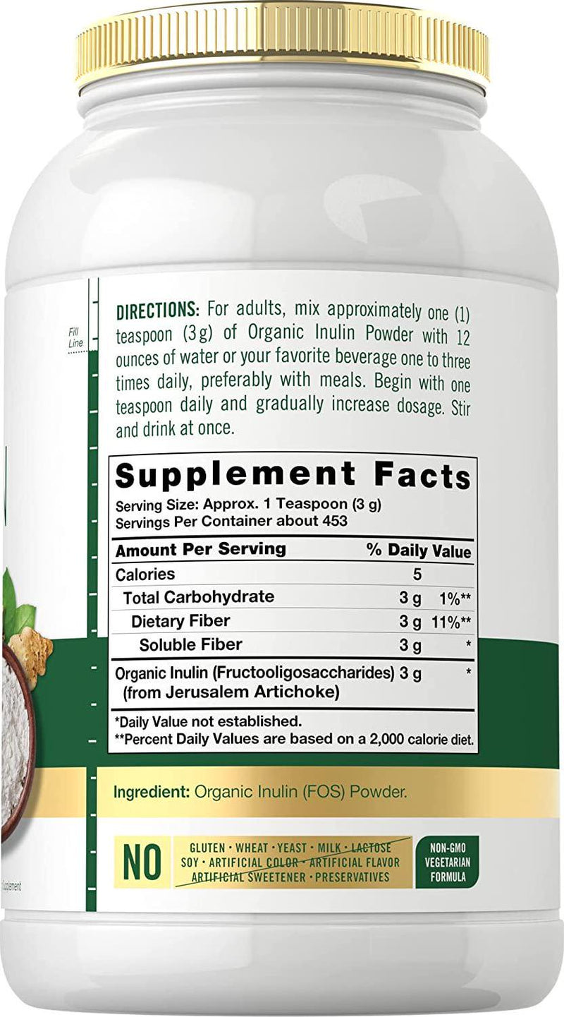 Organic Inulin Powder 48oz | Fiber Supplement | Promotes Probiotic Health | from Jerusalem Artichoke | Vegan, Vegetarian, Non-GMO, Gluten Free | by Carlyle