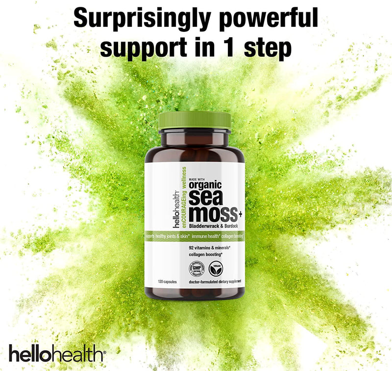 Organic Irish Sea Moss Capsules: Wildcrafted Sea Moss, Burdock Root and Bladderwrack Prebiotic Super Food for Immune Support, Thyroid Support, Natural Energy, Gut Health, Skin and Joint Health -120 Caps