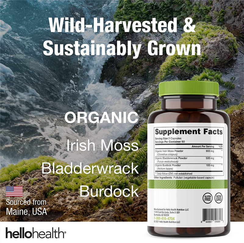 Organic Irish Sea Moss Capsules: Wildcrafted Sea Moss, Burdock Root and Bladderwrack Prebiotic Super Food for Immune Support, Thyroid Support, Natural Energy, Gut Health, Skin and Joint Health -120 Caps