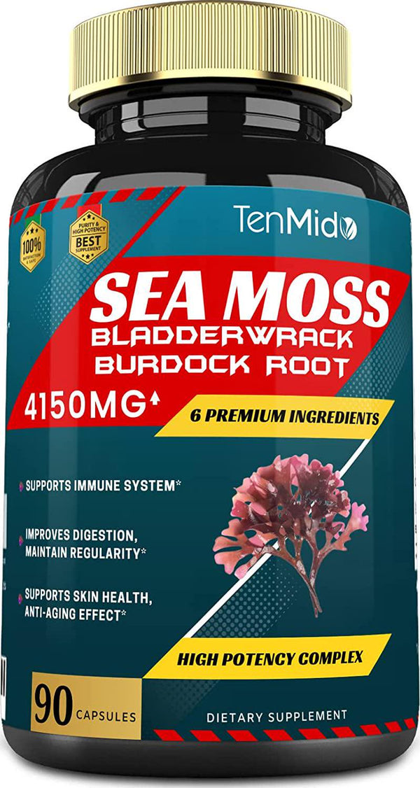 Organic Irish Sea Moss Capsules 4150mg and VitaminC, Zin.C, Bladderwrack, Burdock Root, Black Pepper | Boosts Immune System, Digestive Function | Skin, Joint Health Support, Gut Cleanse| 3 Months Supply