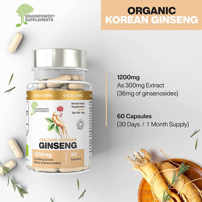 Organic Korean (Panax) Ginseng 300mg Root Extract | 1200mg Whole Herb Equivalent (4:1 Extract) | 12% Ginsenosides | 60 Capsules | 30 Servings | No Inorganic Fillers | GF + Vegan