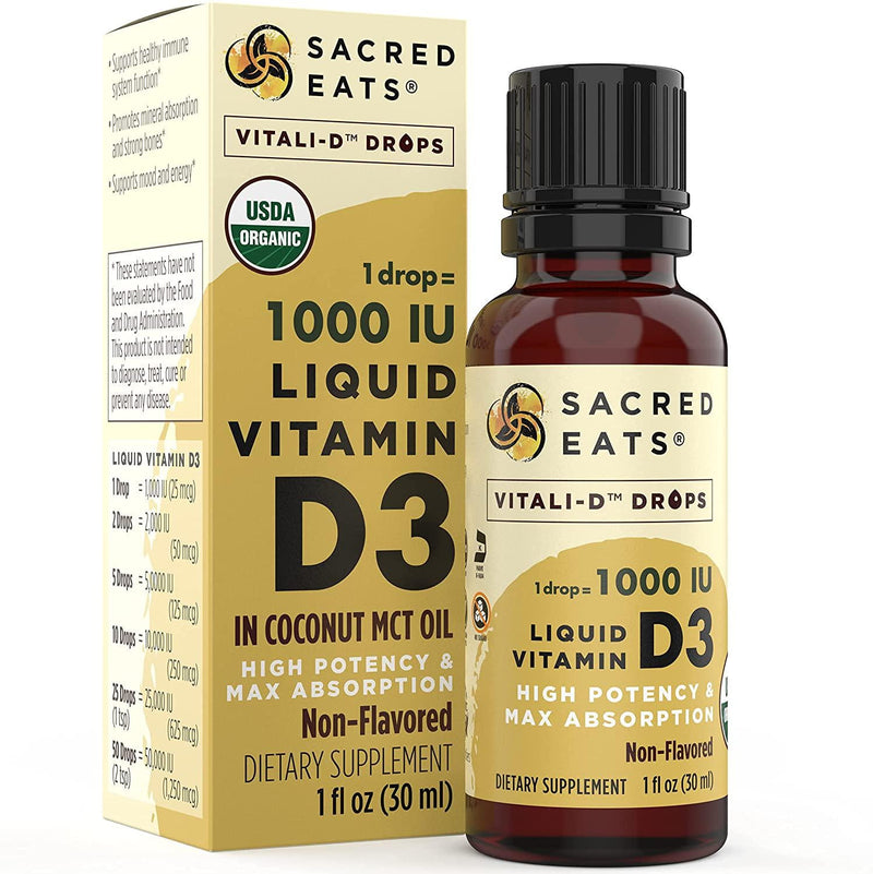 Organic Liquid Vitamin D Drops for Adults and Kids - 5000 IU and Up (1000 / Drop). Sugar Free in Coconut MCT Oil for Best Absorption. Amazing Taste D3 Supplement (Unflavored)