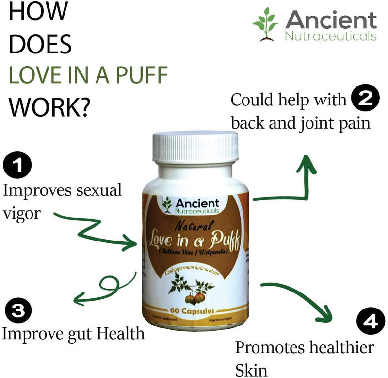 Organic Love In A Puff (Welpenela/Balloon Vine) - 450mg 60 Veg Capsules; Improves Sexual Enhancement for Both Men and Wemen - Ancient Nutraceuticals