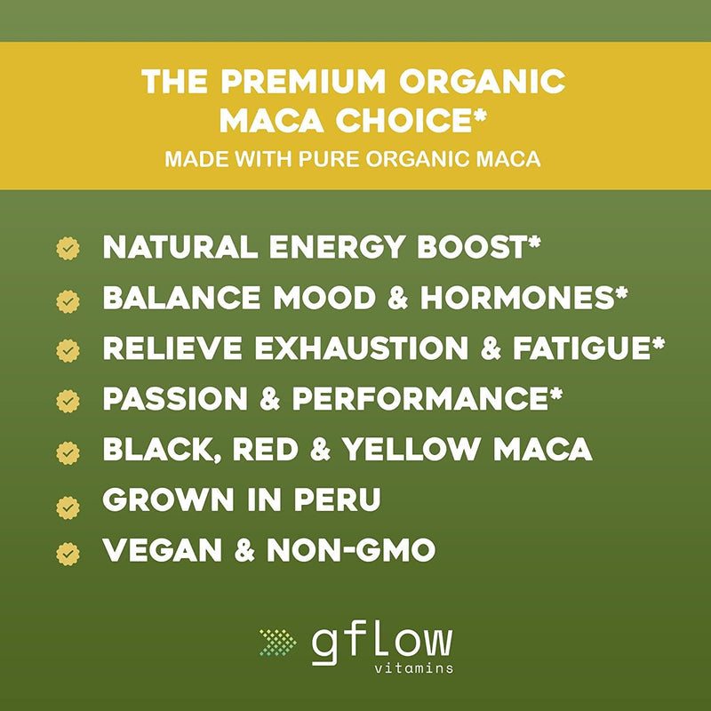 Organic Maca Root Capsules 1500mg - Made with Black, Red, Yellow Peruvian Maca Root Extract and Black Pepper - 120 Vegan Pills - 100% Gelatinized - Supports Energy, Performance and Mood for Men and Women