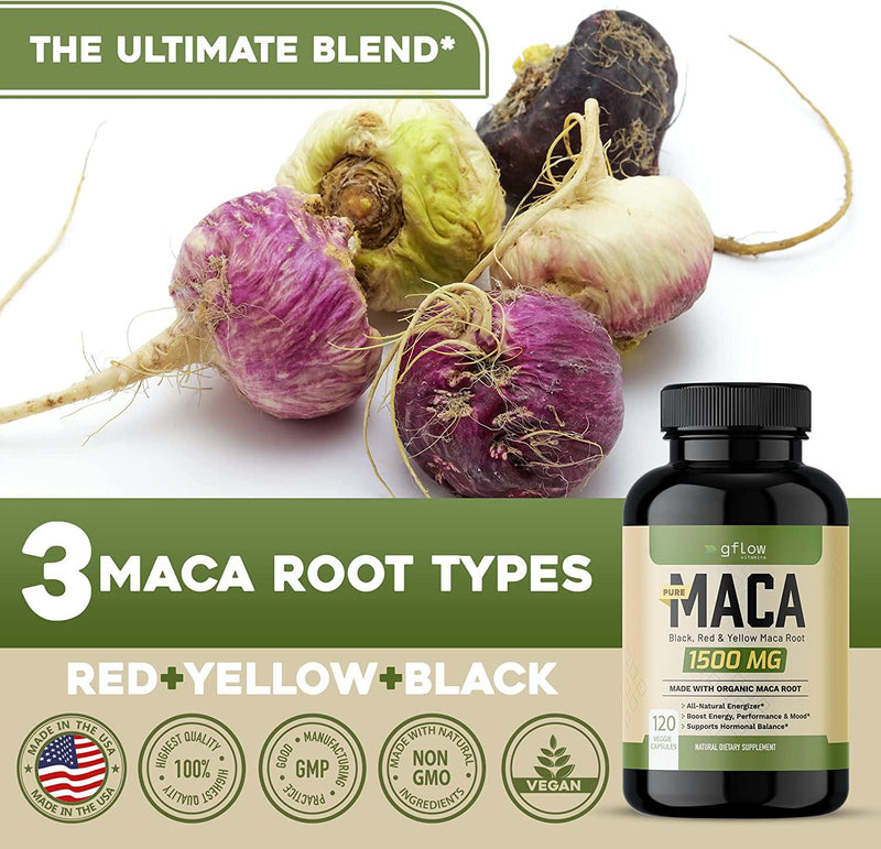 Organic Maca Root Capsules 1500mg - Made with Black, Red, Yellow Peruvian Maca Root Extract and Black Pepper - 120 Vegan Pills - 100% Gelatinized - Supports Energy, Performance and Mood for Men and Women