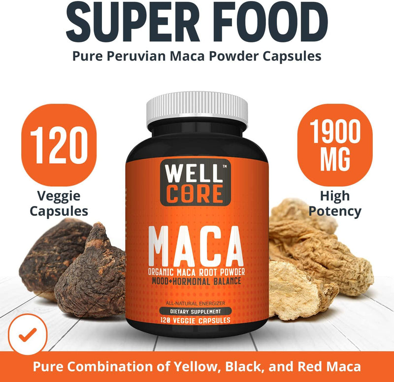 Organic Maca Root Powder 1900mg High Potency Natural Energy Enhancer and Mood Booster for Men and Women, Supports Reproductive Health, 100% Pure Non-GMO, 120 Veggie Capsules