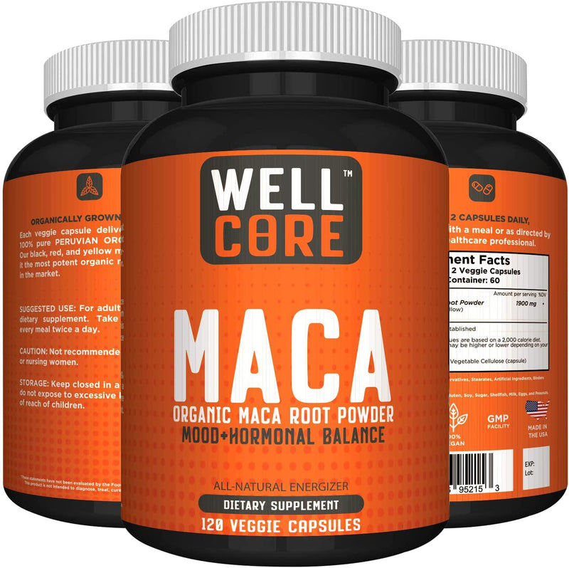 Organic Maca Root Powder 1900mg High Potency Natural Energy Enhancer and Mood Booster for Men and Women, Supports Reproductive Health, 100% Pure Non-GMO, 120 Veggie Capsules