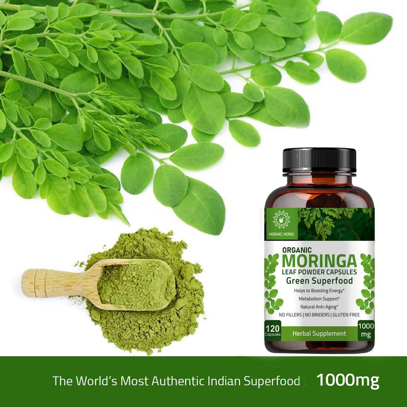Organic Moringa Capsules 120 Capsules 1000mg – Green Superfood Organic Moringa Oleifera Leaf Powder Capsules - Immunity and Metabolism Booster Nutritional Rich Supplement for Breastfeeding Support