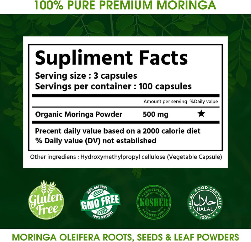 Organic Moringa Capsule Supplement (100 Capsules - 500MG) - Made with Moringa Oleifera Roots, Seeds and Leaf Powders - Non-GMO and Gluten Free - Energizing Superfood by Zest Of Moringa