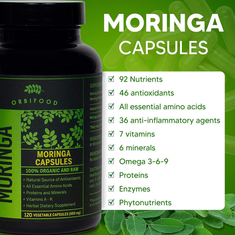 Organic Moringa Capsules – 120 Vegi Capsules – Made in USA - 100% Certified and Raw – Nutrient Dense, Complete Green Superfood Herbal Supplement - Packed with All Antioxidants, Amino Acids, Vitamin A-K