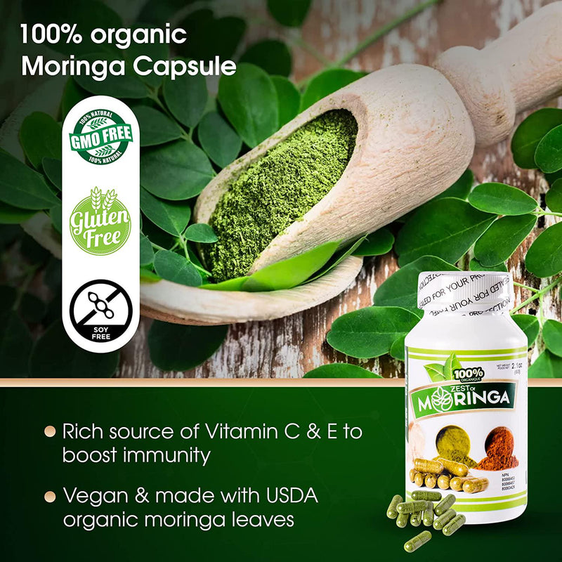 Organic Moringa Capsule Supplement (100 Capsules - 500MG) - Made with Moringa Oleifera Roots, Seeds and Leaf Powders - Non-GMO and Gluten Free - Energizing Superfood by Zest Of Moringa