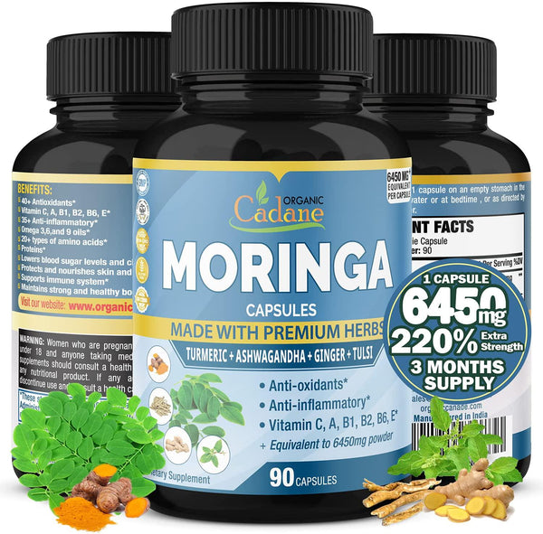 Organic Moringa Extract Capsules 6450MG with Turmeric, Ashwagandha, Ginger, Tulsi |Multi Vitamin Oleifera Leaf Herb|Support Immune System, Energy Booster|Anti-Inflammatory Supplements, 3 Months Supply