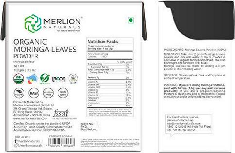 Organic Moringa Leaves Powder by Merlion Naturals (100gm)