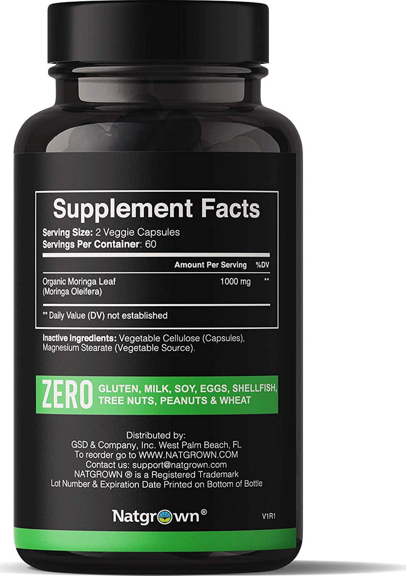 Organic Moringa Oleifera Powder Capsules 1000 mg - Moringa Leaves Green SuperFood Supplement for Men and Women - Gluten Free - Vegan Pills