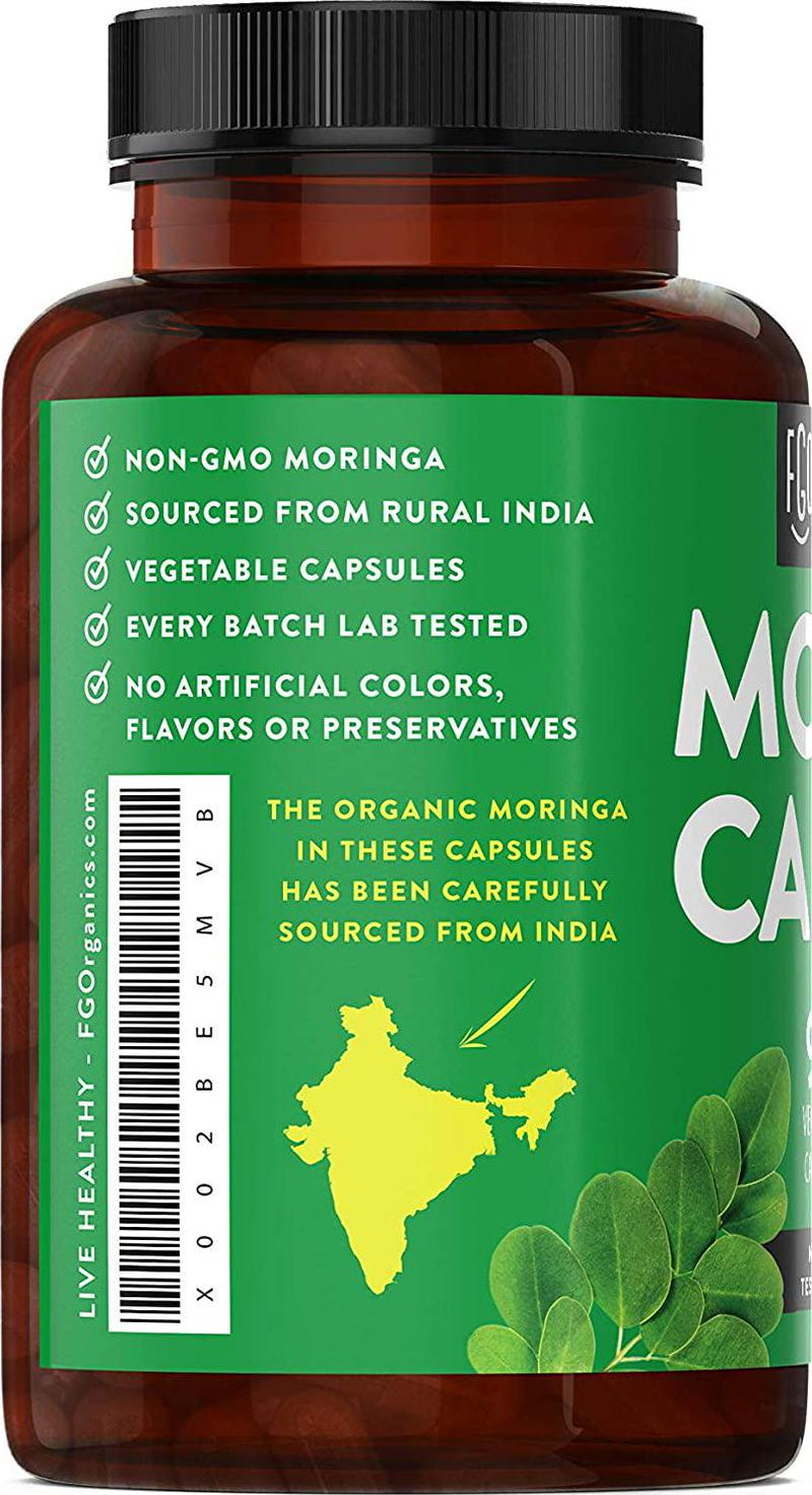 Organic Moringa Oleifera Leaf Powder | Lab Tested for Purity | Manufactured in USA | 90 Veggie Capsules | by FGO