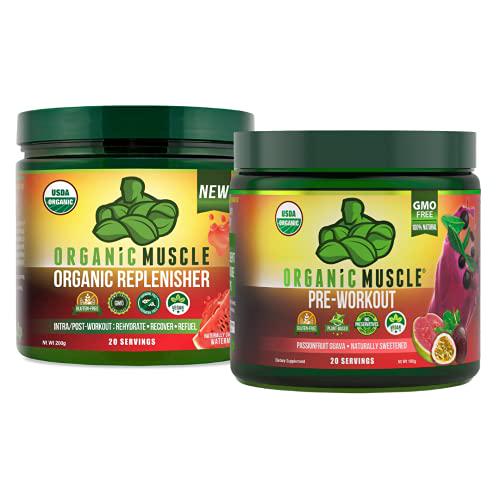 Organic Muscle Bundle - Pre-Workout Powder for Energy (Passionfruit Guava) + Replenisher for Hydration (Watermelon) - USDA Certified Organic
