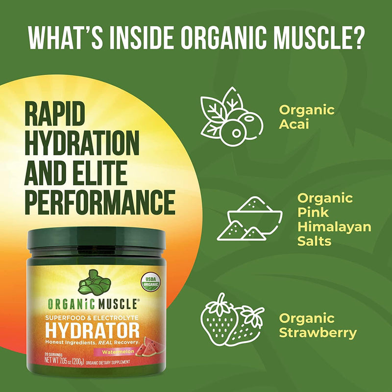 Organic Muscle Electrolyte Hydrator Replenisher | USDA Certified Organic, Keto, Vegan Electrolyte Powder | Rehydrate, Recover, and Refuel | 20 Servings