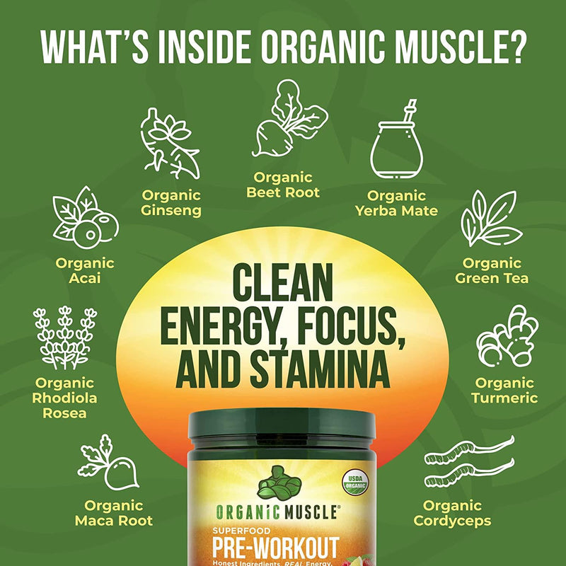 Organic Muscle Natural Superfood Pre-Workout Powder for Men and Women - Certified USDA Organic, Keto, Vegan and Non-GMO - for Energy, Focus, Performance and Endurance - Lemon Berry Flavor - 160g