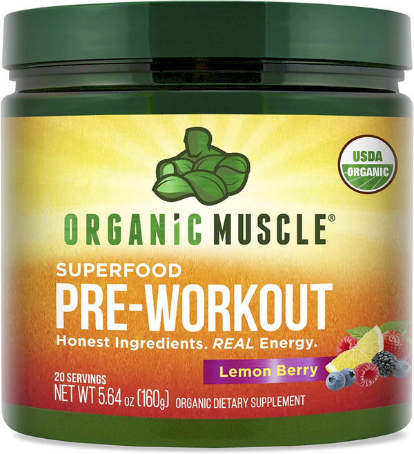 Organic Muscle Natural Superfood Pre-Workout Powder for Men and Women - Certified USDA Organic, Keto, Vegan and Non-GMO - for Energy, Focus, Performance and Endurance - Lemon Berry Flavor - 160g