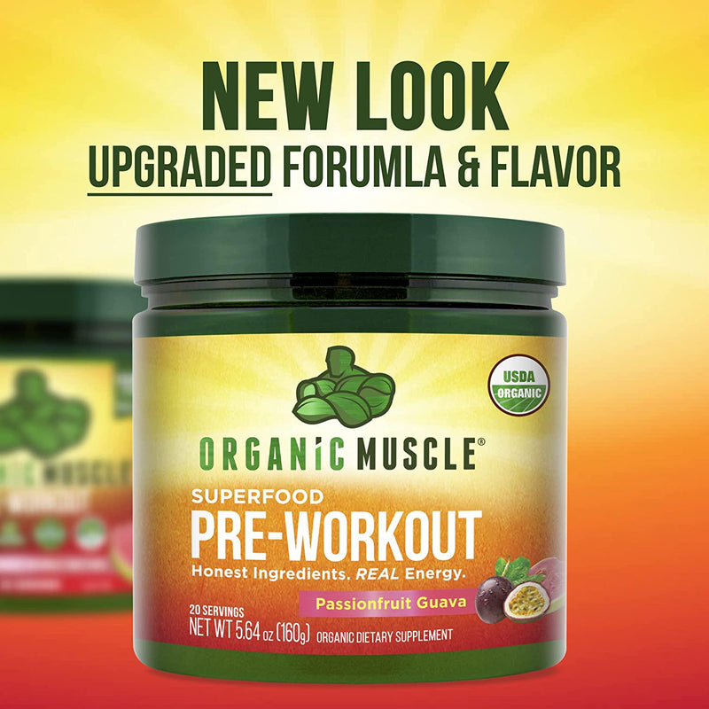 Organic Muscle Natural Superfood Pre-Workout Powder for Men and Women - Certified USDA Organic, Keto, Vegan and Non-GMO - for Energy, Focus, Performance and Endurance - Passionfruit Guava - 160g