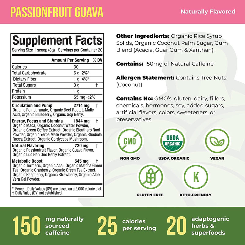 Organic Muscle Natural Superfood Pre-Workout Powder for Men and Women - Certified USDA Organic, Keto, Vegan and Non-GMO - for Energy, Focus, Performance and Endurance - Passionfruit Guava - 160g