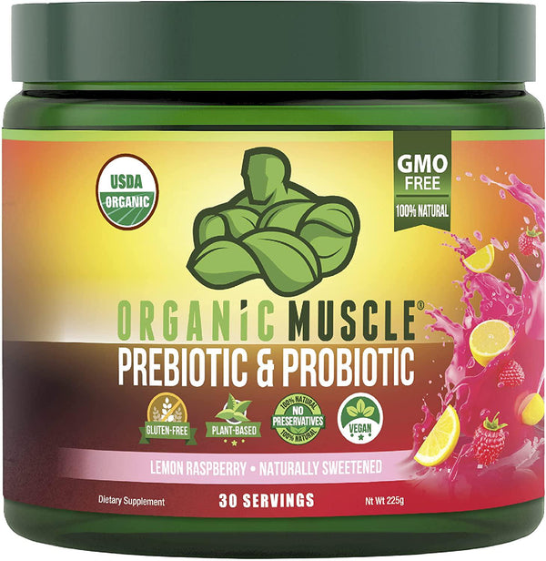 Organic Muscle Probiotic Blend - Daily Probiotic and Prebiotic with Vegan Superfoods and Fiber for Digestive Health - Daily Supplement for Men and Women (Lemon Raspberry)