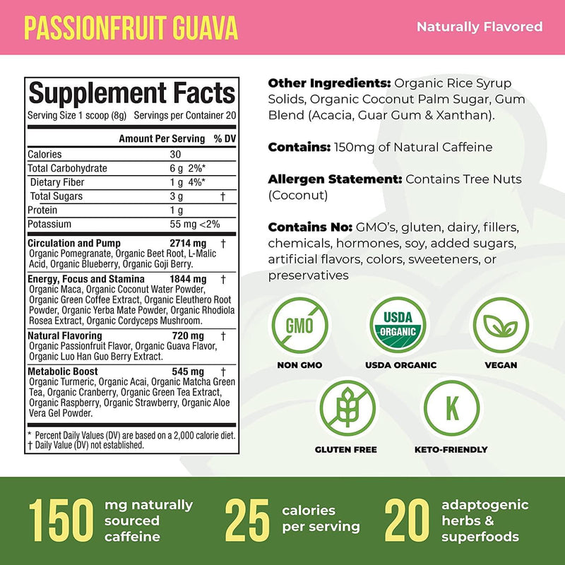 Organic Muscle Superfood Pre-Workout Powder for Men and Women - Certified USDA Organic, Natural, Vegan, Keto and Non-GMO - for Energy, Focus, Performance and Endurance - Organic Passionfruit Flavor - 160g