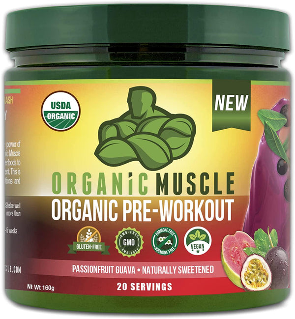Organic Muscle Superfood Pre-Workout Powder for Men and Women - Certified USDA Organic, Natural, Vegan, Keto and Non-GMO - for Energy, Focus, Performance and Endurance - Organic Passionfruit Flavor - 160g