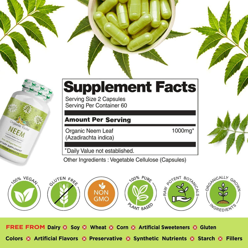 Organic Neem Leaf Powder 100 Veg Capsules. 100% Pure and Natural Raw Herb Super Food Supplement. Non GMO, Gluten FREE. US FDA Registered Facility. Kosher Certified Vegetarian Capsule. All Natural!