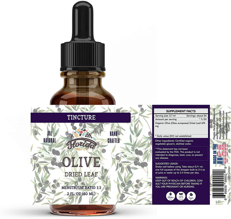 Organic Olive Leaf Tincture, Olive Extract Liquid (Olea europaea) Dried Leaf Herbal Supplement, Non-GMO in Cold-Pressed Organic Vegetable Glycerin, 700 mg, 2 oz (60 ml)