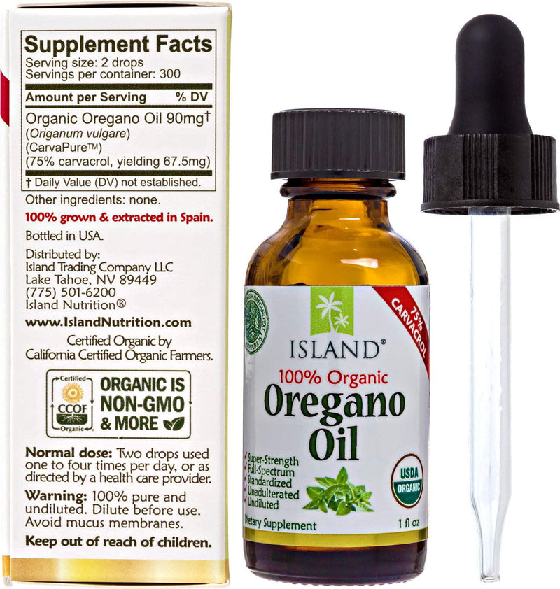 Organic Oregano Oil, 75% Carvacrol, undiluted, Grown in Spain by Island Nutrition